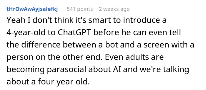 Comment discussing concerns about introducing a 4-year-old to ChatGPT and AI parasocial effects.