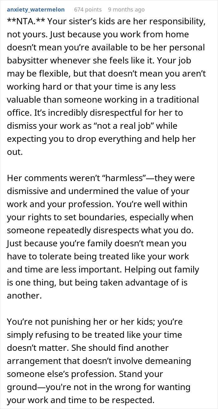 Reddit comment explaining why quitting babysitting is justified after sister claims job isn’t real work. Reddit comment explaining why quitting babysitting is justified after sister claims job isn’t real work.