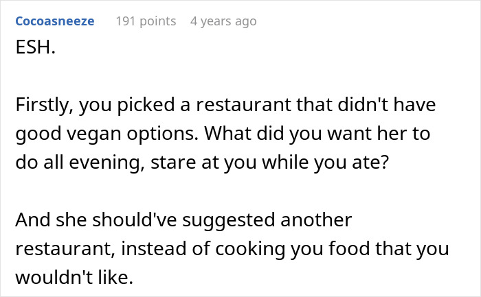 Text comment discussing refusing to eat vegan meal with girlfriend, mentioning restaurant choice and food preferences on birthday.