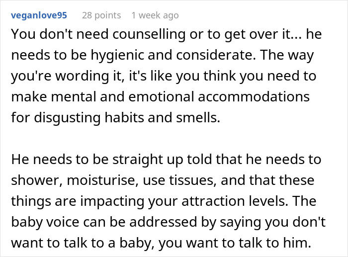 Comment text from veganlove95 advising on dealing with being grossed out by husband’s hygiene and habits in a relationship. Comment text from veganlove95 advising on dealing with being grossed out by husband’s hygiene and habits in a relationship.