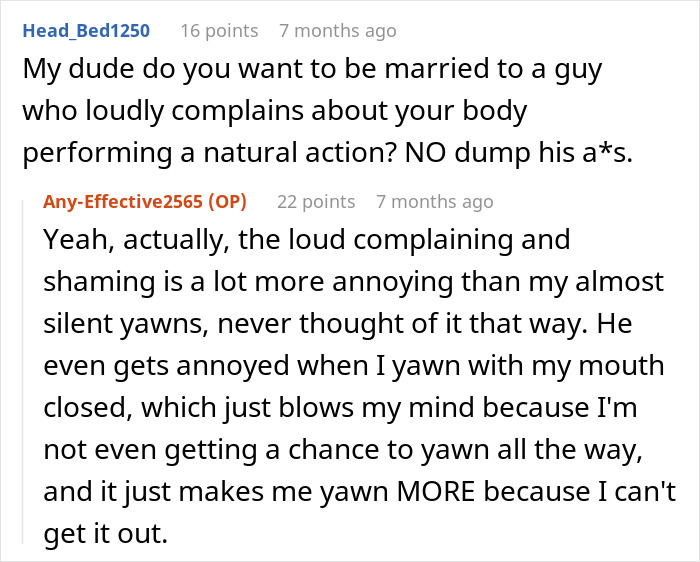 Screenshot of a text conversation about a man complaining about yawning and upsetting his sleeping fiancée. Screenshot of a text conversation about a man complaining about yawning and upsetting his sleeping fiancée.