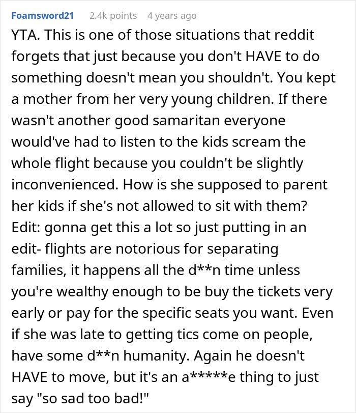 Reddit comment discussing not switching seats with a mother on an airplane and ignoring her children during the flight. Reddit comment discussing not switching seats with a mother on an airplane and ignoring her children during the flight.