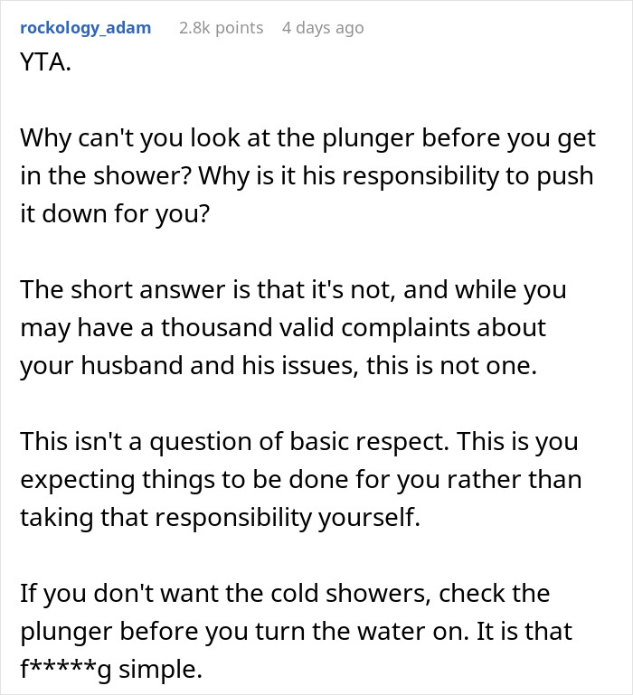 Reddit comment discussing wife threatening husband with cold showers due to his bad memory and shared household responsibilities. Reddit comment discussing wife threatening husband with cold showers due to his bad memory and shared household responsibilities.