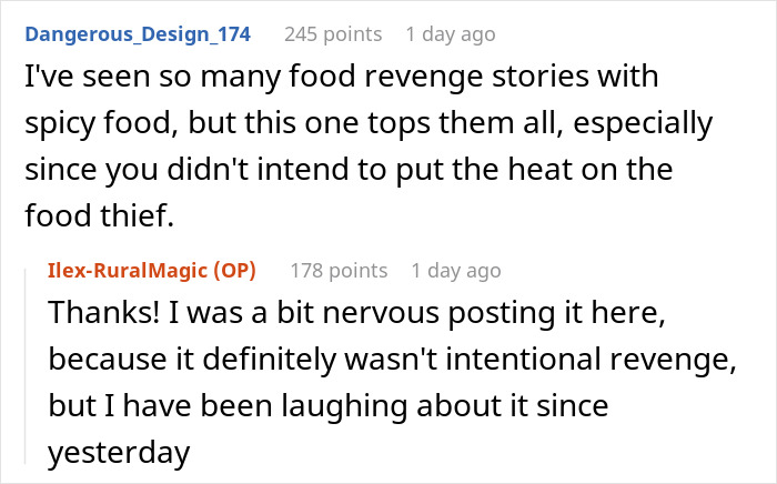 Comments discussing a coworker who steals a woman’s spicy lunch and the unexpected consequences of food revenge. Comments discussing a coworker who steals a woman’s spicy lunch and the unexpected consequences of food revenge.