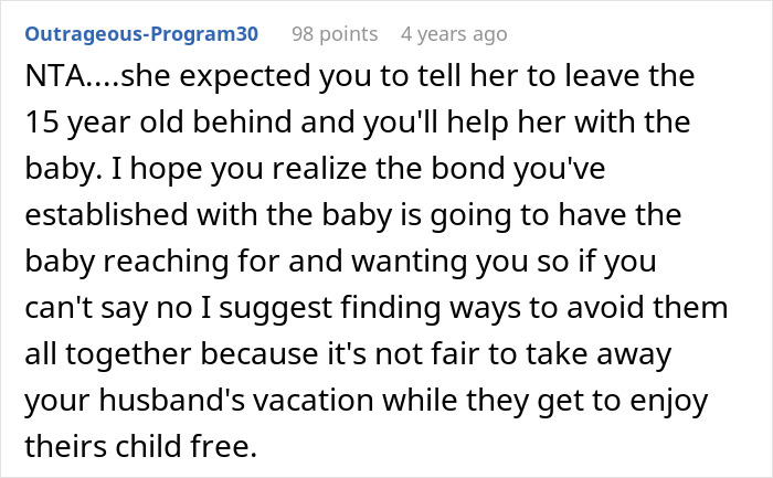 Comment discussing challenges of vacation without kids babysitting and the importance of fair child-free time for couples.