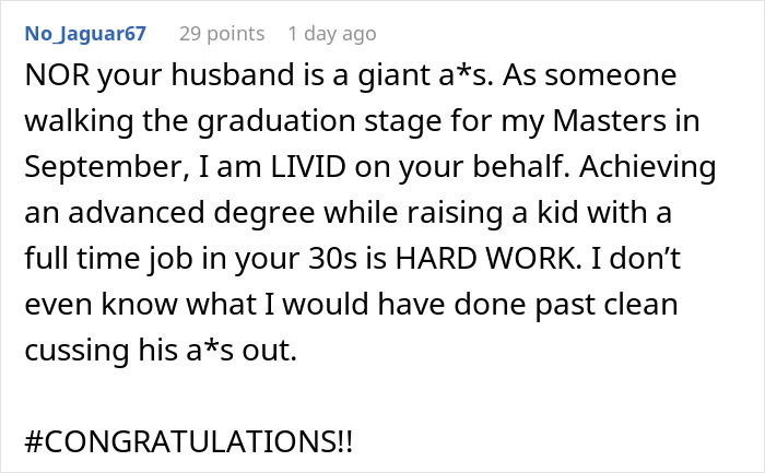 Comment expressing anger at husband for giving sister-in-law’s seat to his mom on woman’s graduation day. Comment expressing anger at husband for giving sister-in-law’s seat to his mom on woman’s graduation day.