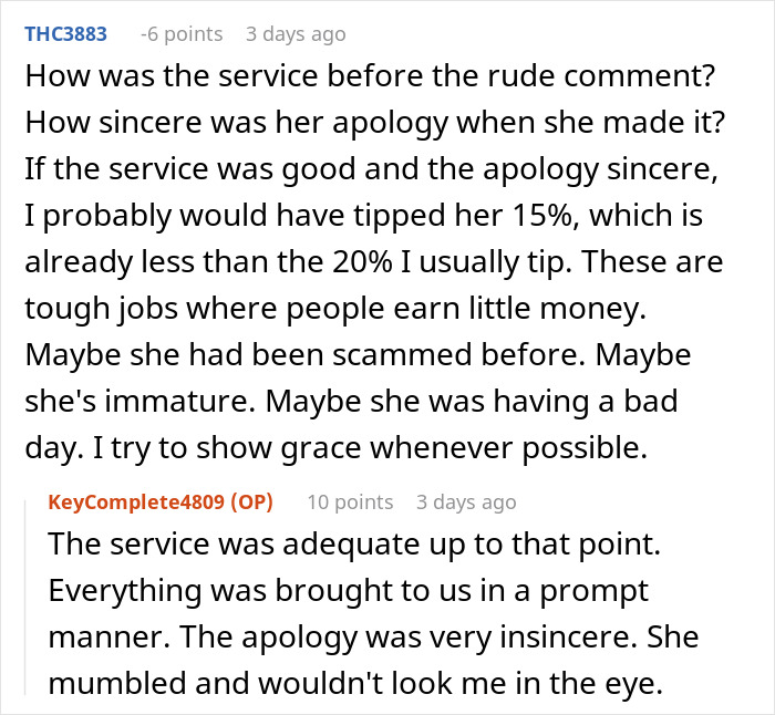 User discussing tipping etiquette and service experience in a comment about am I the jerk for tipping 83 cents. User discussing tipping etiquette and service experience in a comment about am I the jerk for tipping 83 cents.