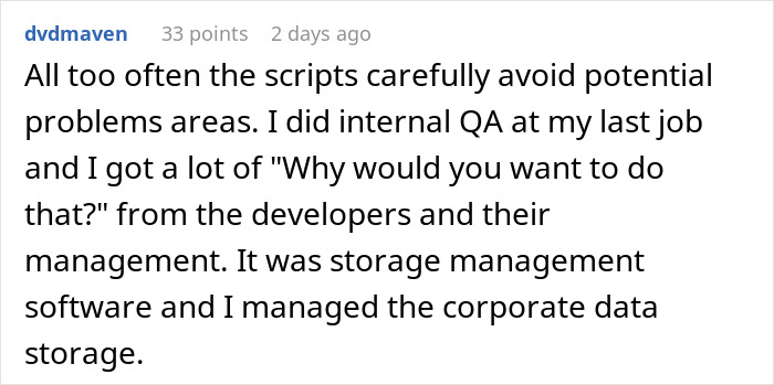 Comment discussing how lead restrictions on exploratory testing fail as developers begin reporting game bugs.