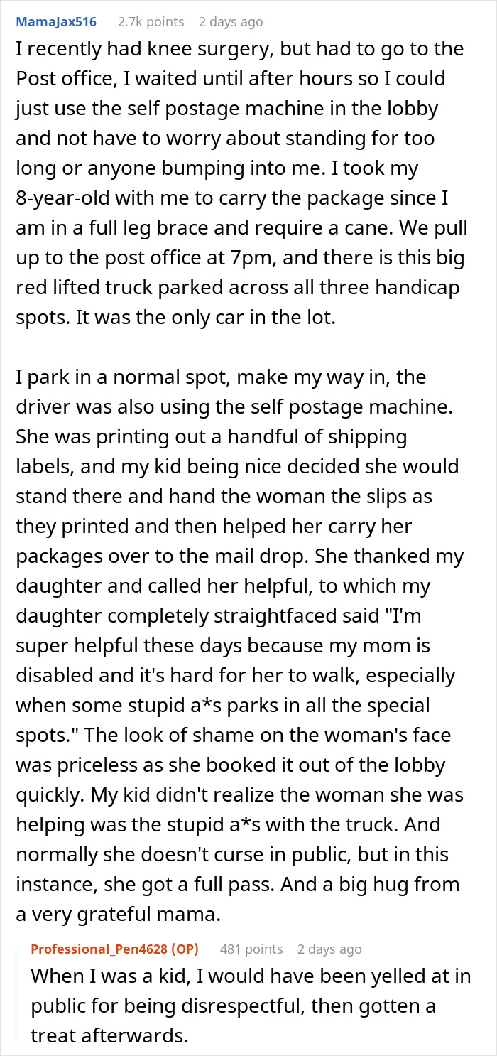 Red lifted truck parked across three handicap spots at post office, causing frustration for disabled mother and her child. Red lifted truck parked across three handicap spots at post office, causing frustration for disabled mother and her child.