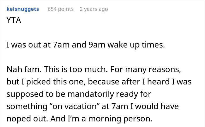 Text post from user kelsnuggets expressing frustration about strict wake-up rules during a bride’s dream bachelorette event. Text post from user kelsnuggets expressing frustration about strict wake-up rules during a bride’s dream bachelorette event.