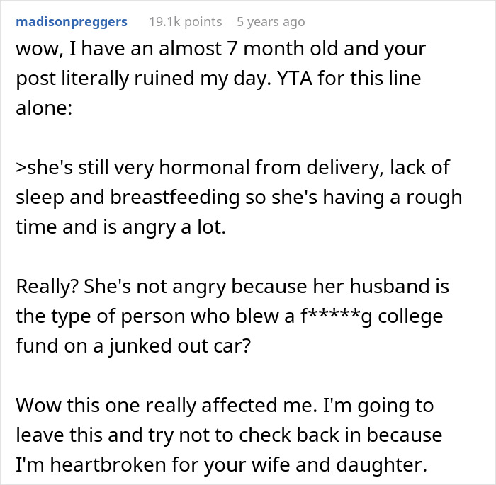 Comment discussing anger over husband buying 1972 Ford Bronco by deceiving postpartum wife for nostalgia. Comment discussing anger over husband buying 1972 Ford Bronco by deceiving postpartum wife for nostalgia.