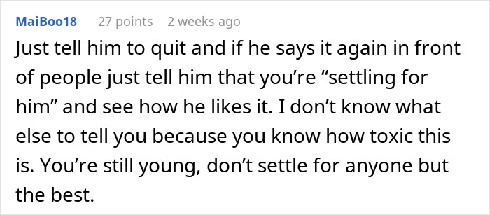 Screenshot of a forum comment advising a bride on dealing with a groom-to-be making cold feet jokes before marriage. Screenshot of a forum comment advising a bride on dealing with a groom-to-be making cold feet jokes before marriage.