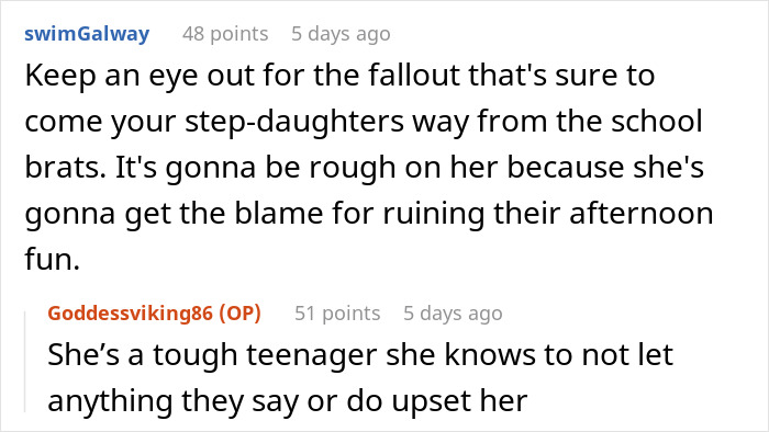 Comments discussing challenges faced by a friend’s stepdaughter at a pool party with school brats blaming her for trouble.