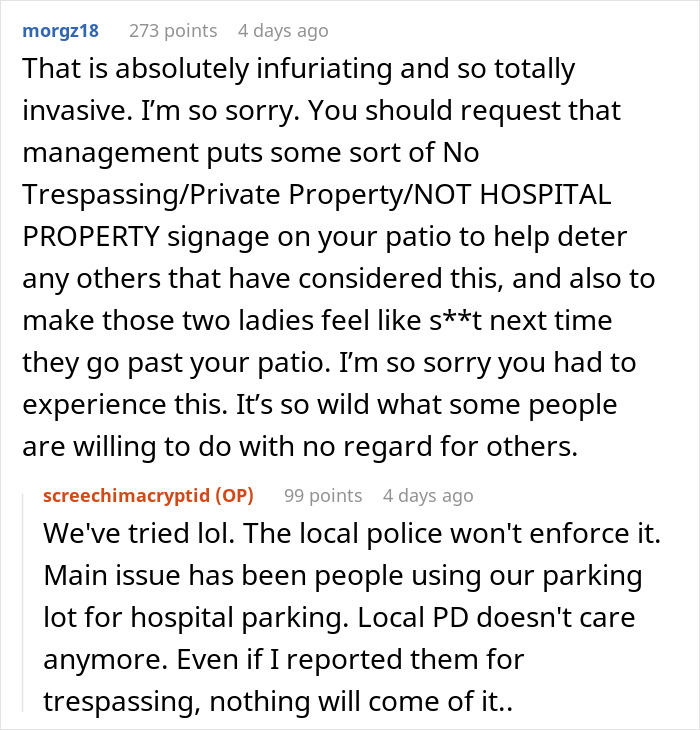 Person frustrated as strangers trespass and use their patio without permission, ruining their time off. Person frustrated as strangers trespass and use their patio without permission, ruining their time off.