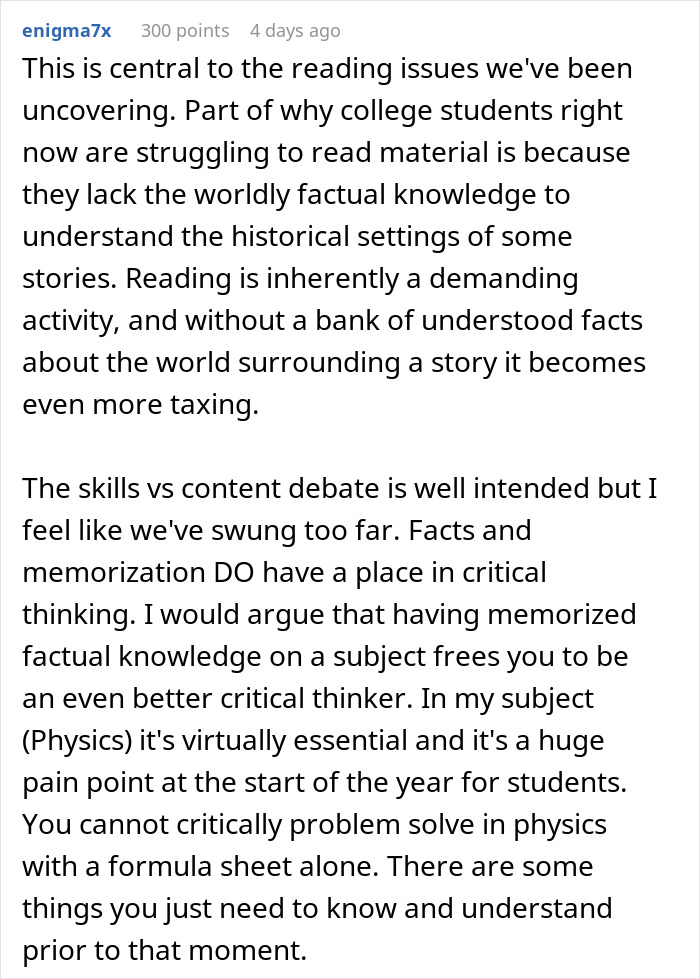 Comment discussing educators' concerns about high schoolers' lack of factual knowledge affecting critical thinking skills. Comment discussing educators' concerns about high schoolers' lack of factual knowledge affecting critical thinking skills.