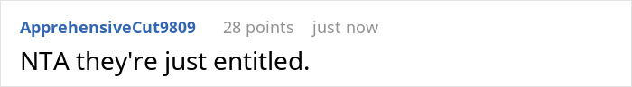 Screenshot of a comment reading NTA they're just entitled, related to a man calling cops after family used his pool without permission. Screenshot of a comment reading NTA they're just entitled, related to a man calling cops after family used his pool without permission.