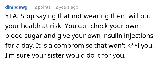 Comment discussing a woman refusing to risk her health for her sister’s wedding photo aesthetic, upsetting family members. Comment discussing a woman refusing to risk her health for her sister’s wedding photo aesthetic, upsetting family members.