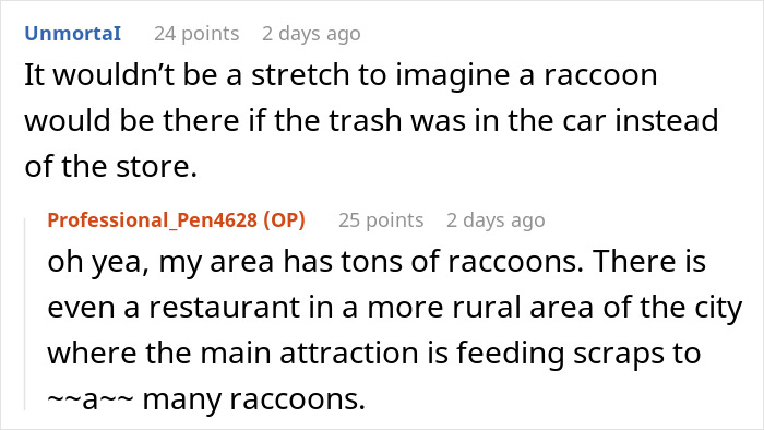 Online discussion about a Porsche parked across handicap spots with raccoons mentioned in the comments. Online discussion about a Porsche parked across handicap spots with raccoons mentioned in the comments.
