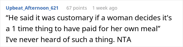 Comment discussing a woman telling a guy there’s no spark after a first date and him demanding payment for a free meal.