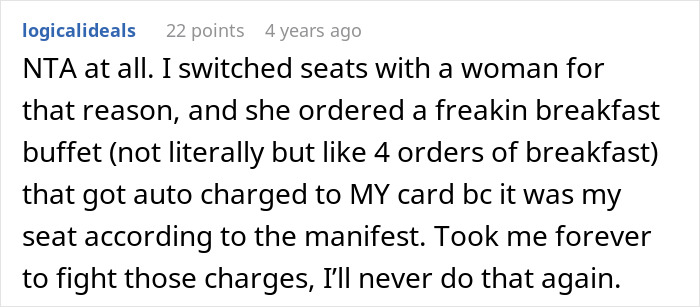 Screenshot of an online forum discussing not switching seats with a mother on an airplane and related seat charge issues. Screenshot of an online forum discussing not switching seats with a mother on an airplane and related seat charge issues.