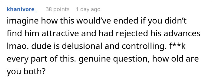 Comment on a forum discussing a woman learning her boyfriend stalked her before they met, questioning his controlling behavior. Comment on a forum discussing a woman learning her boyfriend stalked her before they met, questioning his controlling behavior.