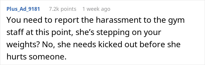 Comment warning about gym stalker harassment as a woman throws weights after rejection at the gym. Comment warning about gym stalker harassment as a woman throws weights after rejection at the gym.