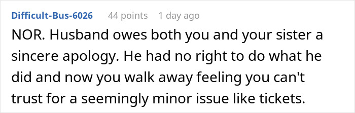 Screenshot of a Reddit comment discussing a husband's apology for giving sister-in-law’s graduation seat to his mom without notice. Screenshot of a Reddit comment discussing a husband's apology for giving sister-in-law’s graduation seat to his mom without notice.