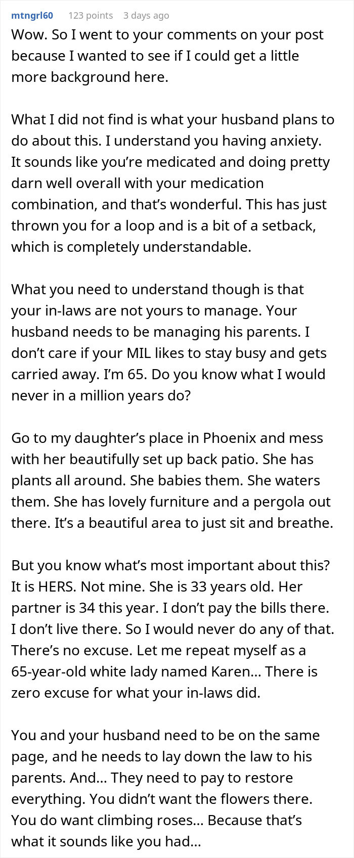 Commenter discussing anxiety and in-laws’ interference after woman’s garden was landscaped without permission. Commenter discussing anxiety and in-laws’ interference after woman’s garden was landscaped without permission.