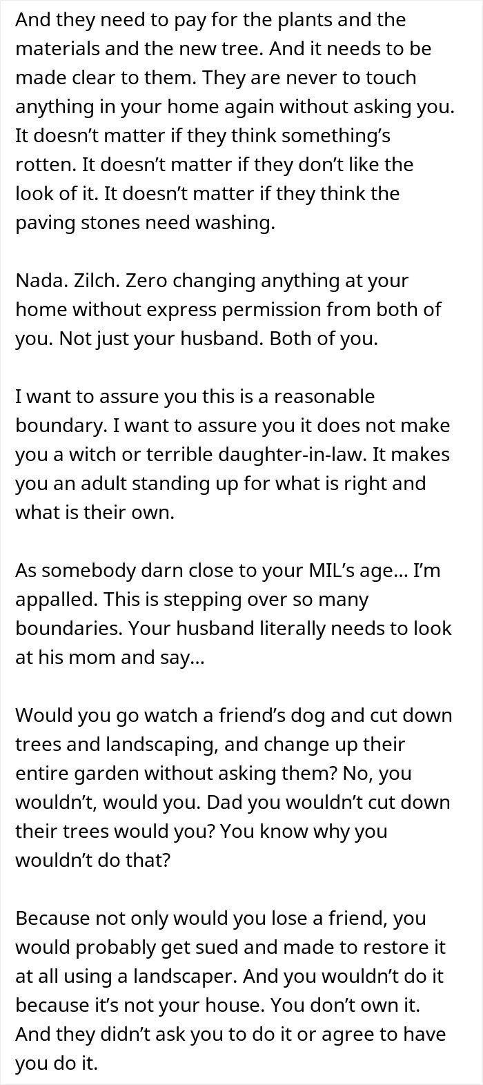 Text excerpt discussing boundaries and conflicts after a woman returns from vacation to find MIL landscaped her garden without permission. Text excerpt discussing boundaries and conflicts after a woman returns from vacation to find MIL landscaped her garden without permission.