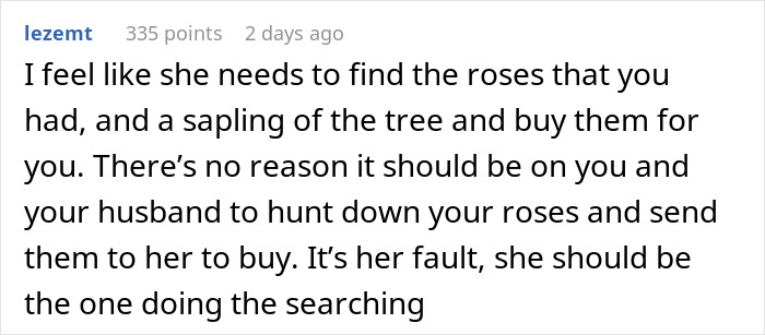 Screenshot of a Reddit comment discussing a woman’s MIL who landscaped her garden without permission after vacation. Screenshot of a Reddit comment discussing a woman’s MIL who landscaped her garden without permission after vacation.
