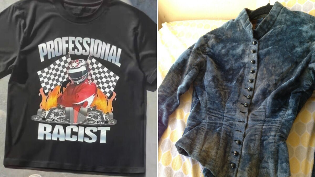 Two unhinged pieces of clothing shown: a black graphic t-shirt with bold text and a vintage-style velvet jacket with buttons.