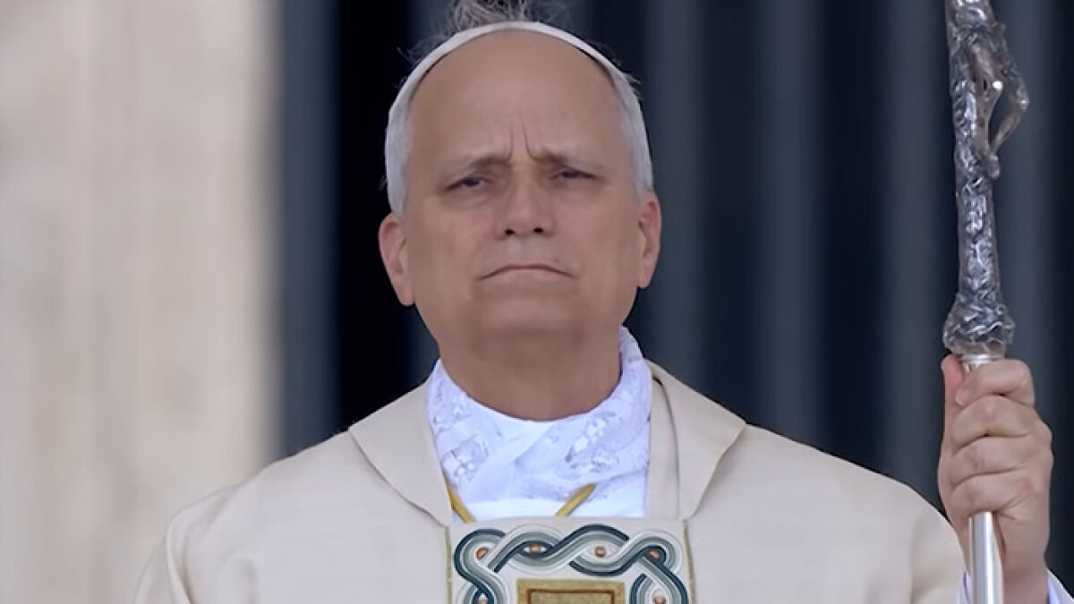 Pope Leo XIV holding a staff, wearing religious vestments with a serious expression highlighting nepotism theme.