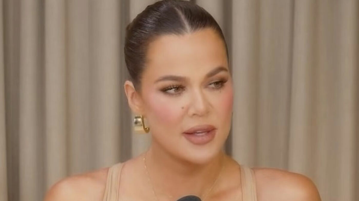 Khlou00e9 Kardashian speaking during an interview, responding to weight loss trolls amid Ozempic speculation.