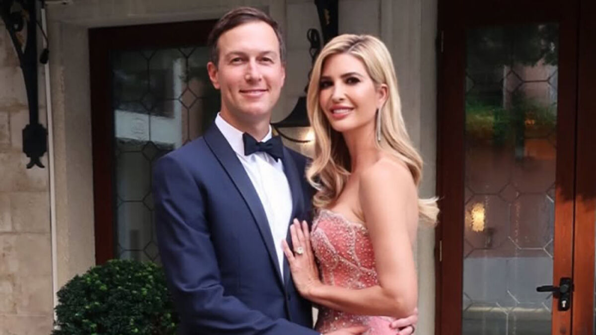 Ivanka Trump and Jared Kushner dressed formally, Ivanka wearing a gown, possibly revealing Jeff Bezos secret $48M wedding location.