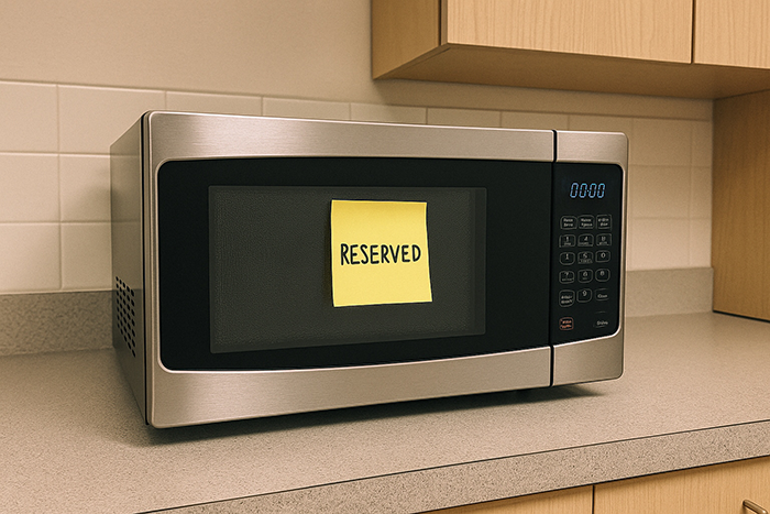 Microwave with reserved sign on counter, showing coworker reserve microwave for dietary needs in office kitchen. Microwave with reserved sign on counter, showing coworker reserve microwave for dietary needs in office kitchen.