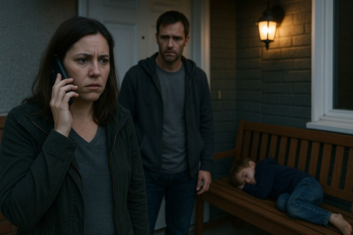 Worried mom on phone outside house with man standing behind and child lying on bench on cold night.