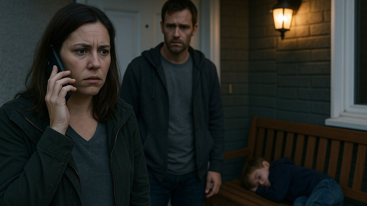 Worried mom making phone call outside house with upset man and child lying on a bench on a cold night.