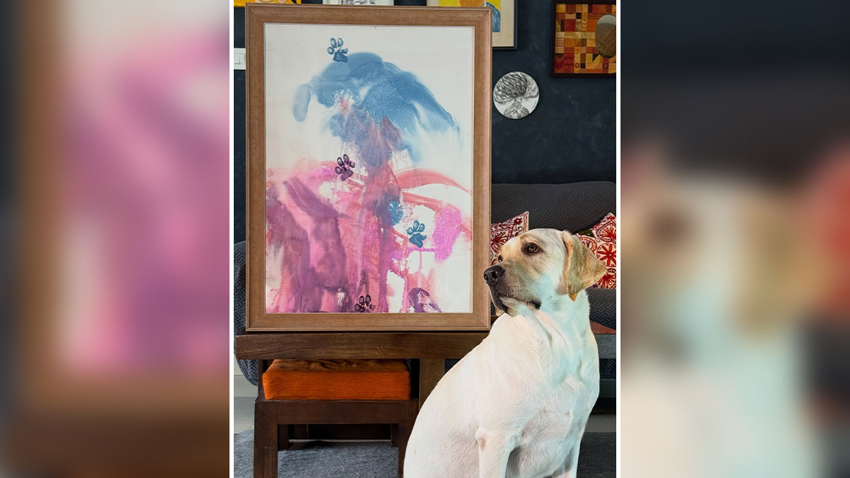 Rescue Labrador sitting beside colorful abstract painting with paw prints, showcasing dog art changing lives.