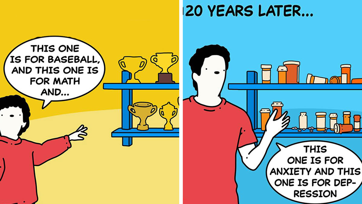 Dark and twisted comic showing trophies for achievements and pills for anxiety and depression 20 years later.