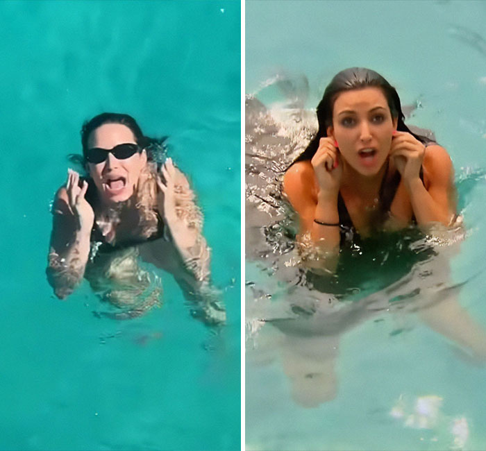 Demi Lovato and Kim Kardashian in water, Demi laughing and Kim in a swimsuit showing off her bikini-clad figure on honeymoon. Demi Lovato and Kim Kardashian in water, Demi laughing and Kim in a swimsuit showing off her bikini-clad figure on honeymoon.