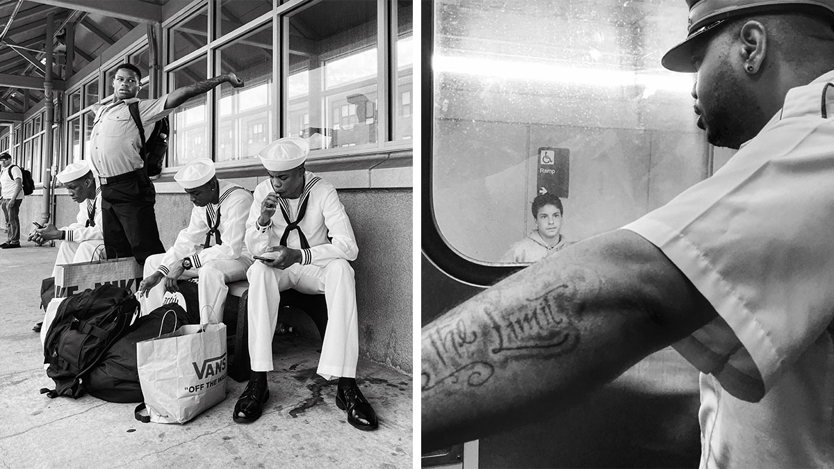 Black and white street photos capturing Chicagou2019s soul featuring sailors and a transit worker with tattoo on arm.