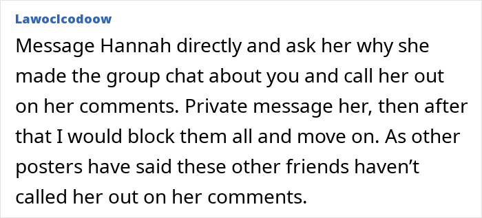 Alt text: Text comment advising to message Hannah and address issues in a friendship of 10 years on the rocks. Alt text: Text comment advising to message Hannah and address issues in a friendship of 10 years on the rocks.