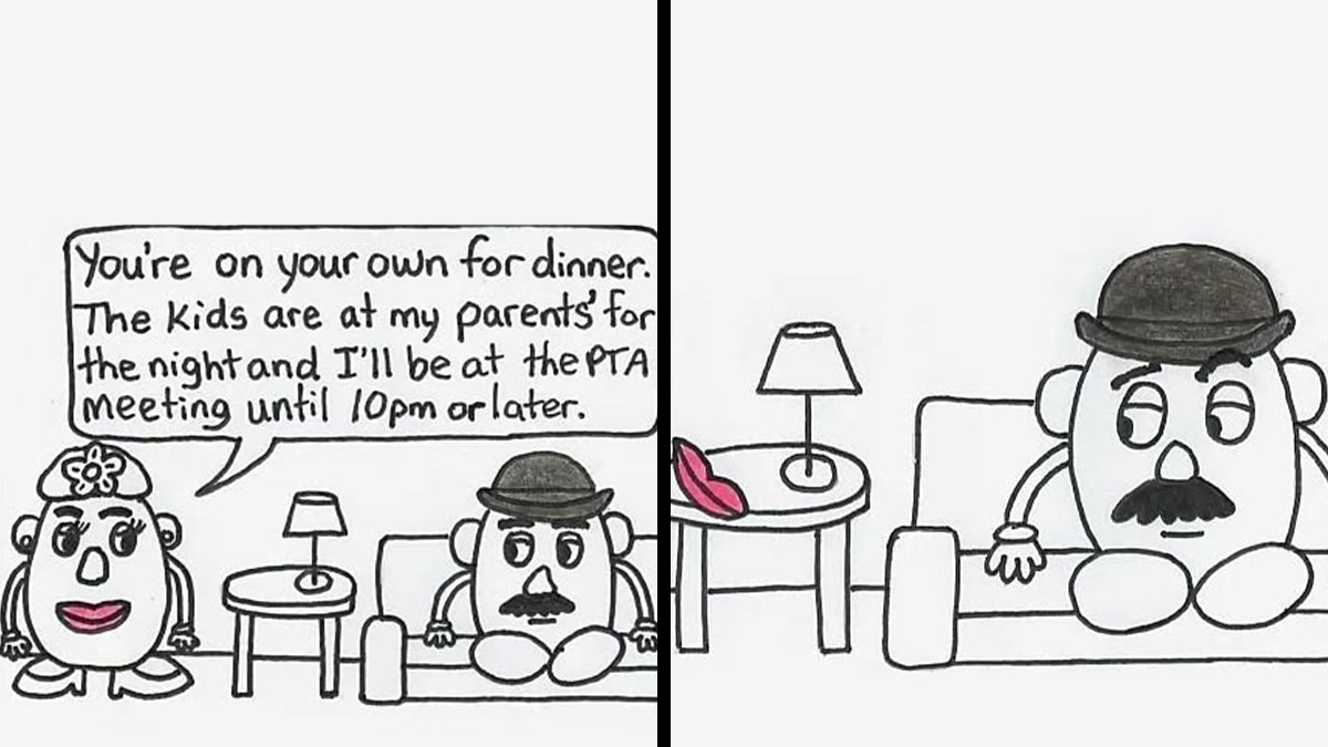 Two-panel comic by Rustedboot Comics showing potato characters with dark humor about family and PTA meetings.