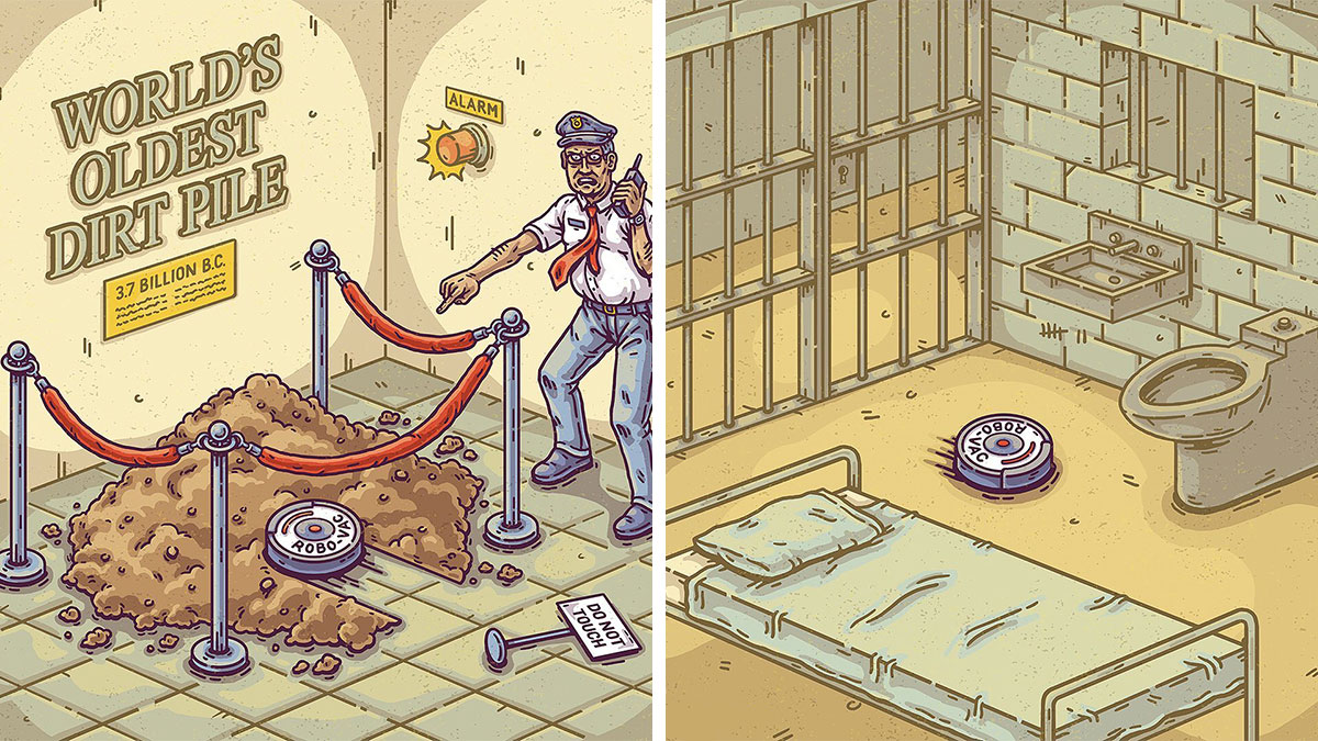 Absurd comics depicting a security guard and a robot vacuum in surreal scenes of dirt and a prison cell.