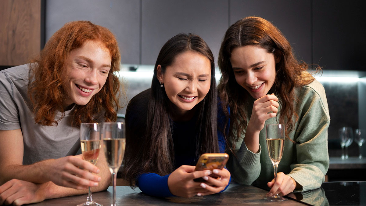 Three friends laughing secretly over phone, highlighting girlfriend's squad secretly hating her boyfriend with hidden lies.
