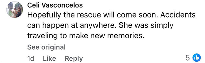 Comment by Celi Vasconcelos expressing hope for a rescue of a female tourist missing after a volcano hike accident in Indonesia.