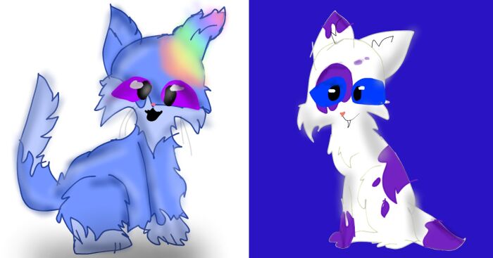 Two colorful character illustrations of cute cats, one blue with rainbow highlights and one white with purple spots.