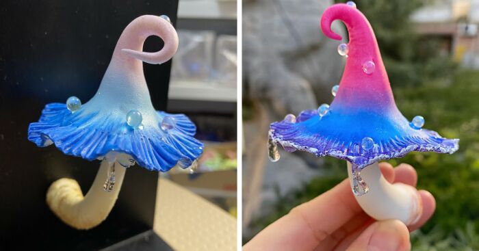 Handmade clay mushroom fridge magnets with whimsical fairy forest design and colorful water droplet details.