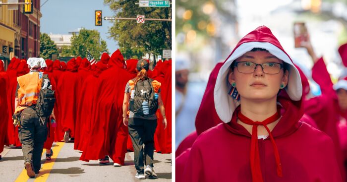 Protesters wearing red cloaks and white bonnets participate in a Handmaid protest in Texas on a city street.
