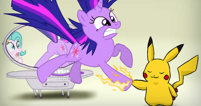 Animated purple unicorn and Pikachu sharing a funny and adorably wholesome moment with playful expressions.